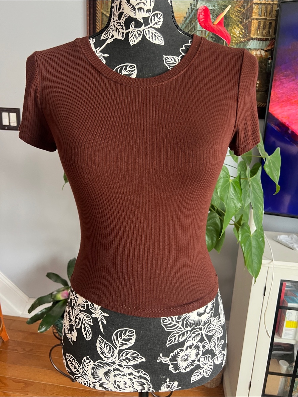 Bozzolo Ribbed Short-Sleeve Top in Brown